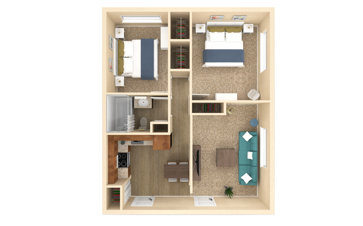 Floor plan for 2 beds, 1 bath, 682 sqft